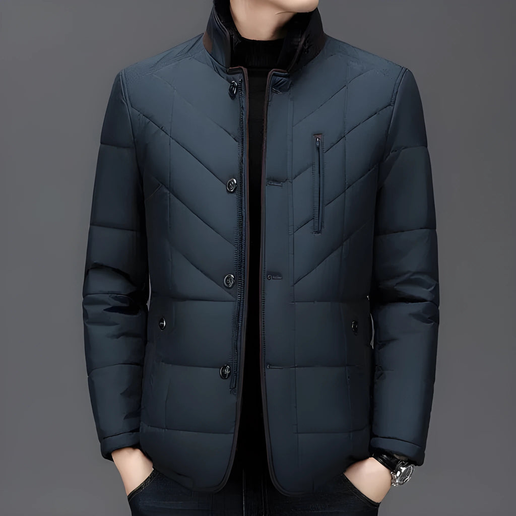 Men's solid colour short winter coat with side pockets, shown in dark blue, wine red, or dark green.