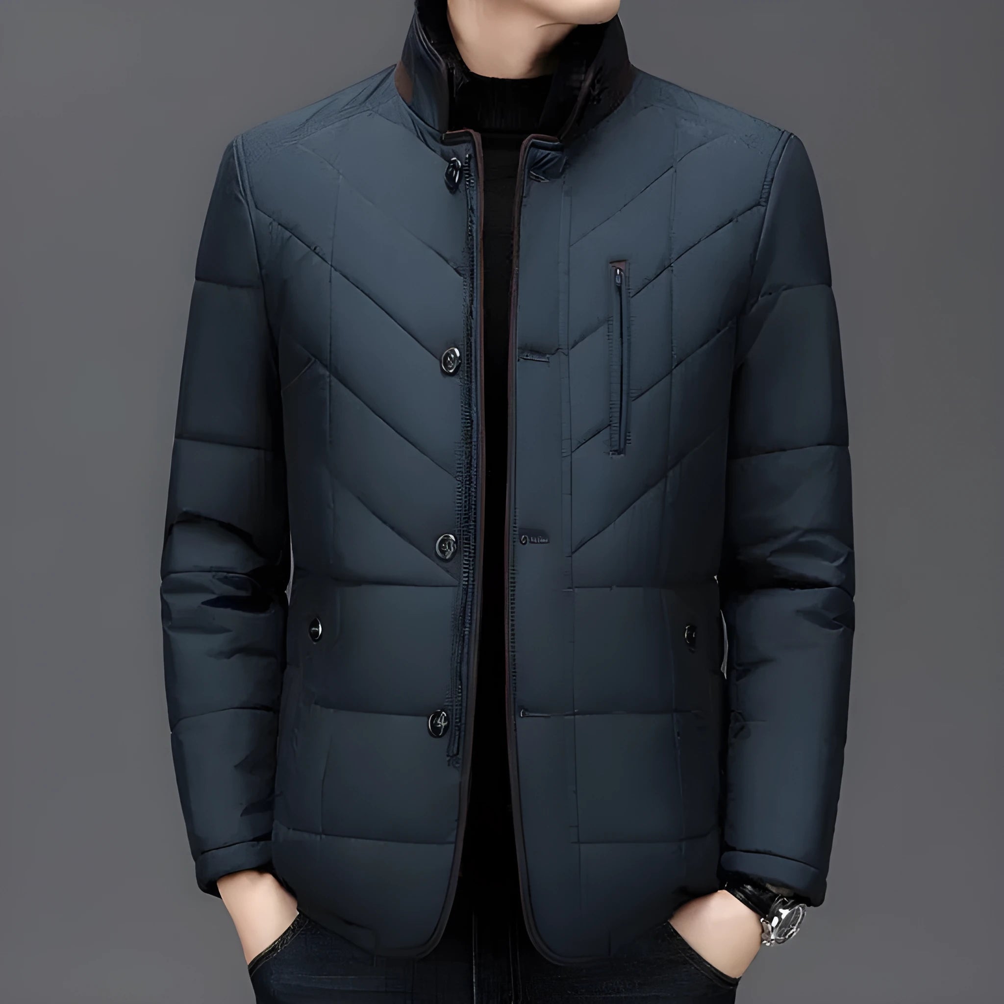 Men's solid colour short winter coat with side pockets, shown in dark blue, wine red, or dark green.