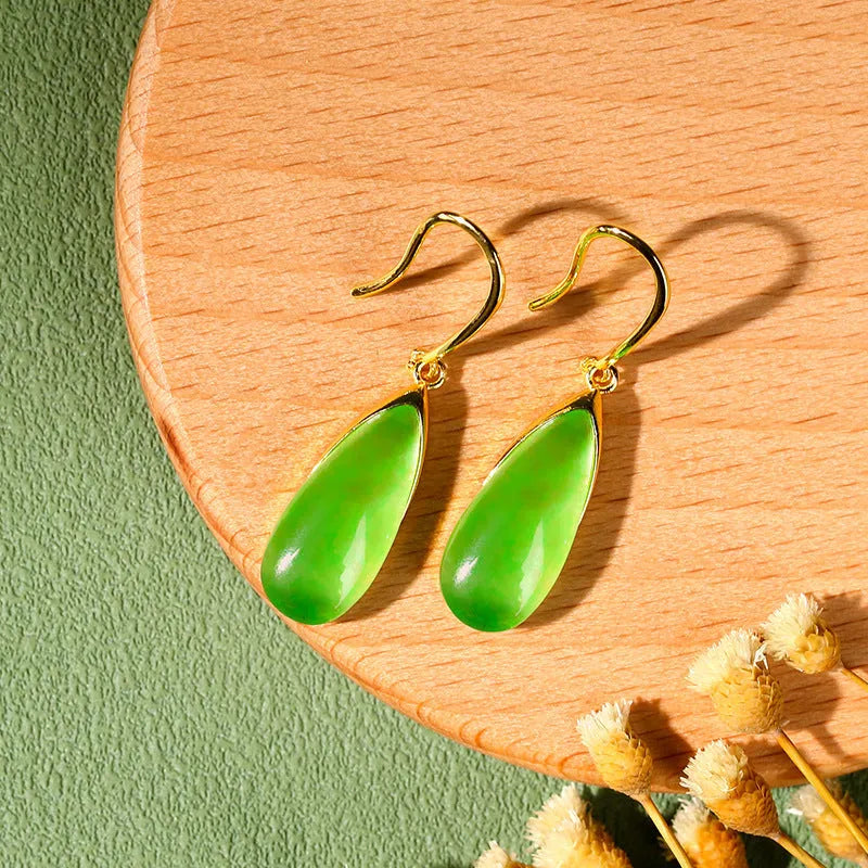 Retro geometric Chinese style earrings with water droplet design in jade colour