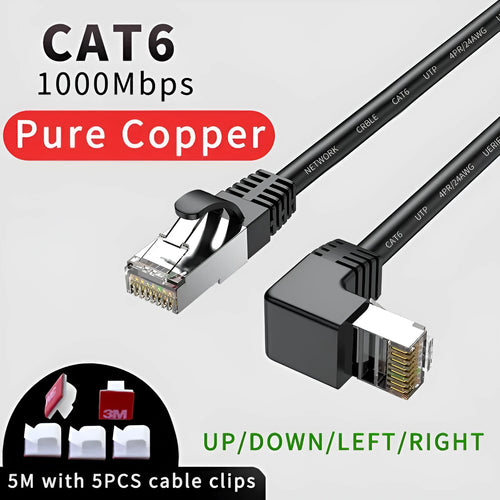 Cat6 Ethernet cable with a black right-angle RJ45 connector, available in multiple colours and lengths.
