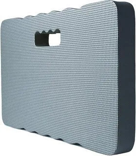 Blue plastic Eva foam garden kneeler pad on soil, showing dimensions for comfortable kneeling support.