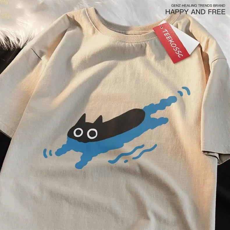 Pure cotton short sleeve T-shirt in straight fit for swimming leisure, shown in multiple colours.