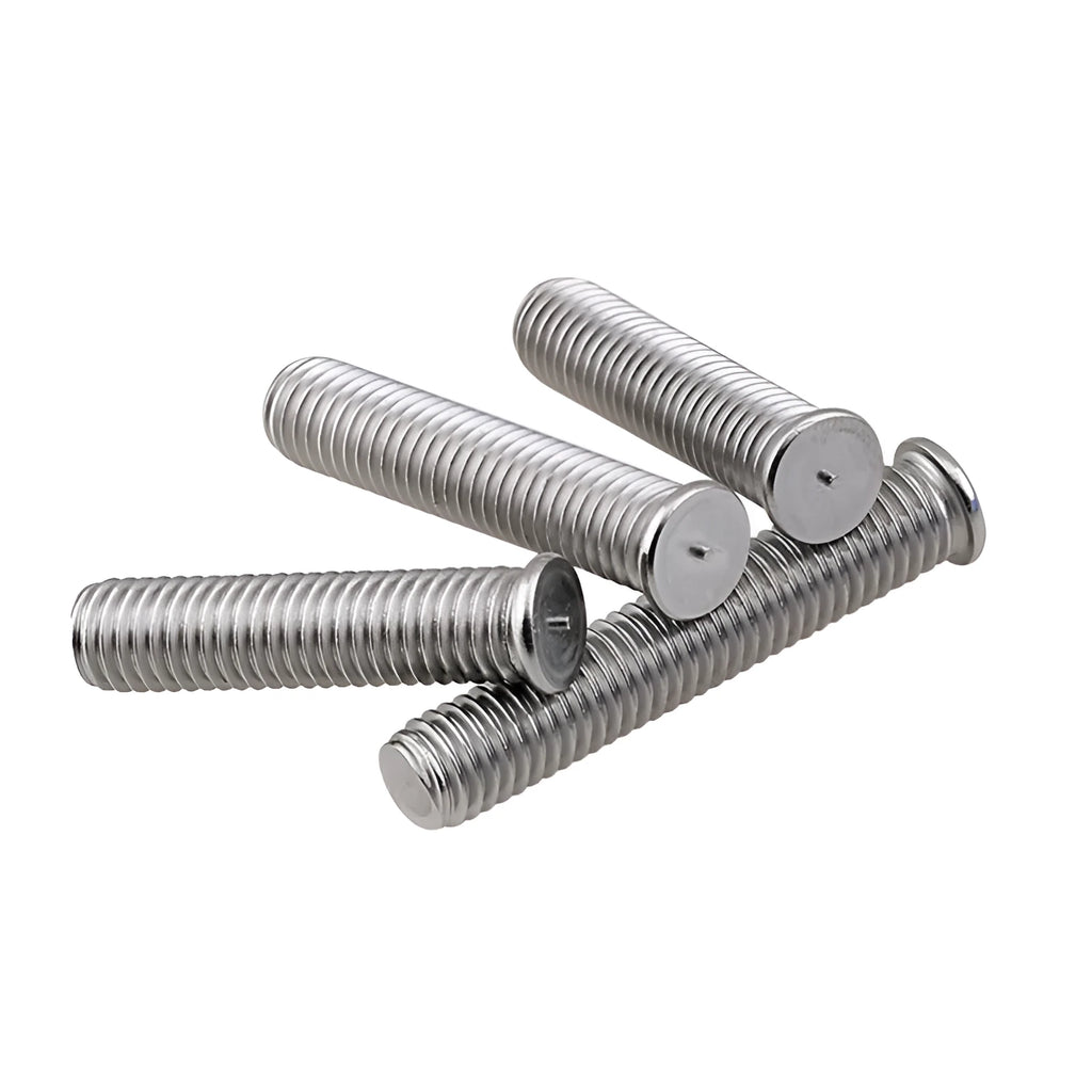 Whitened 304 stainless steel A2-70 welding screw on white background showing threads and flat head