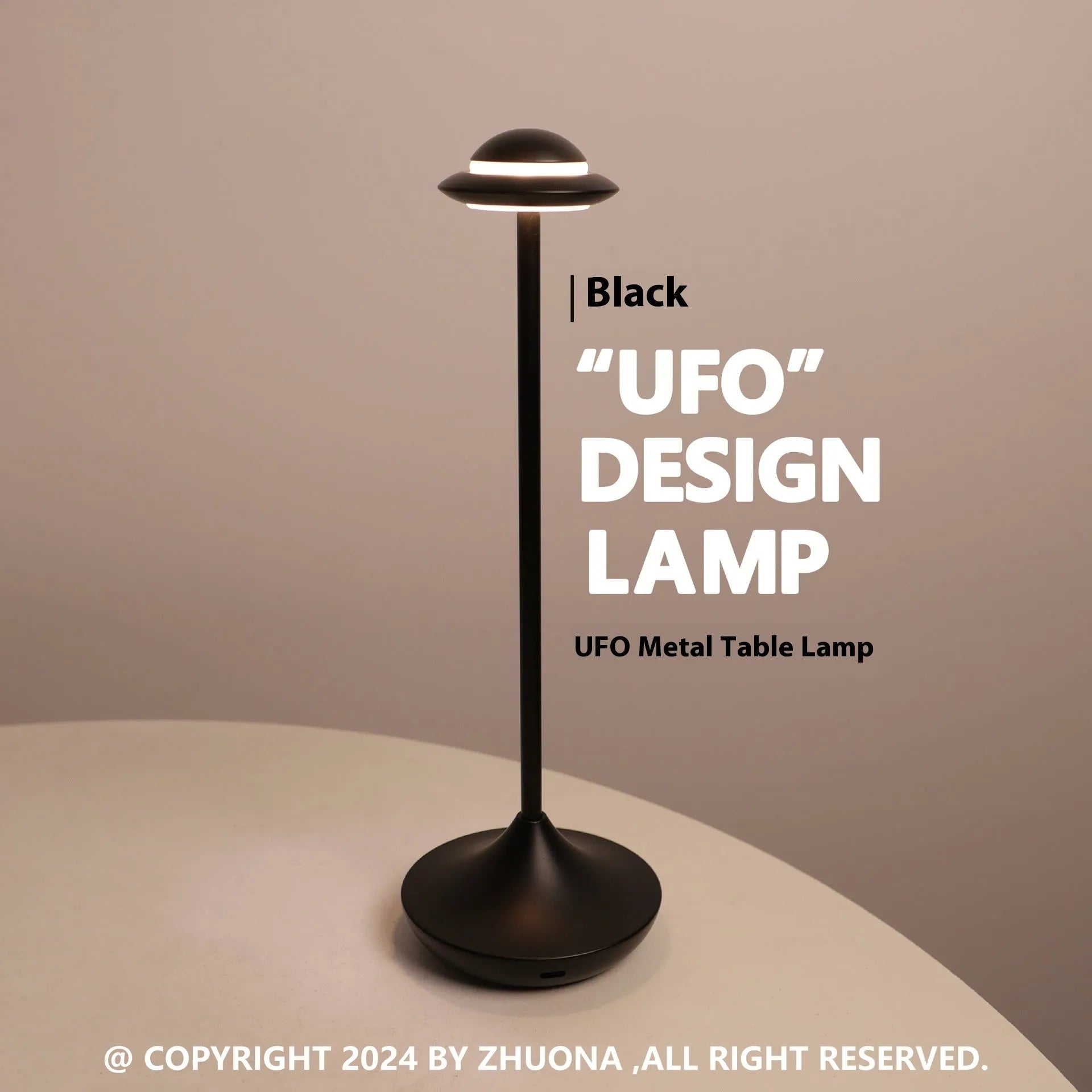 UFO-shaped metal table lamp with touch controls in black, gold, or grey colour options