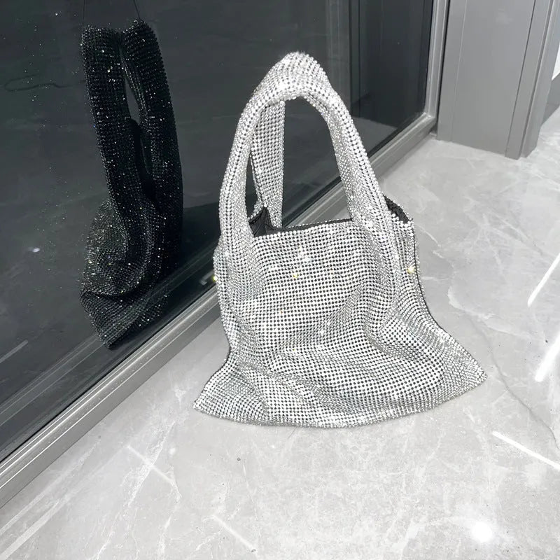 Silver shiny rhinestone dinner bag party handbag for women with open pocket