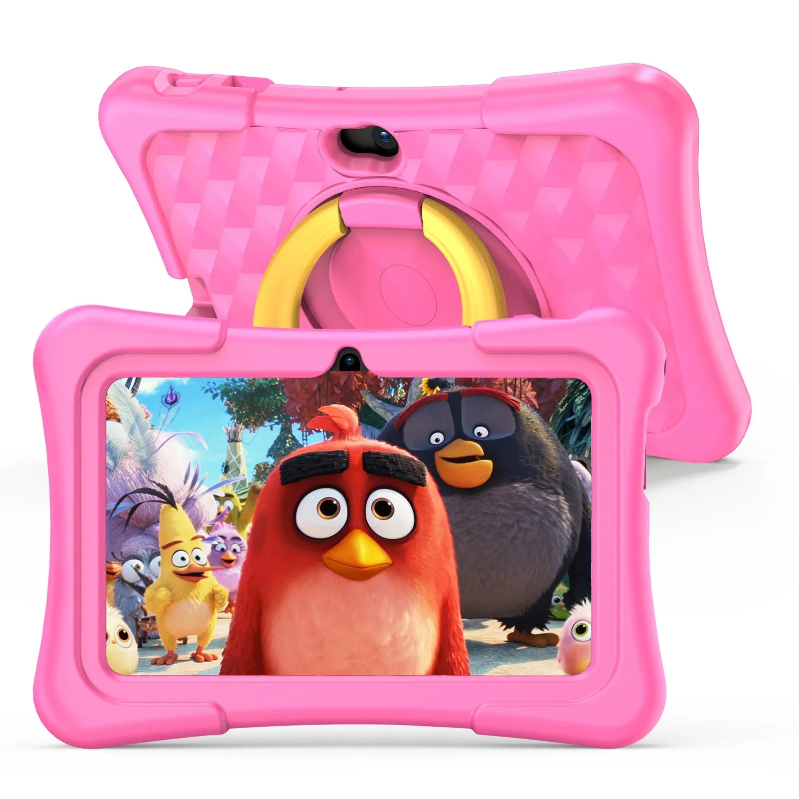 7-inch pink children's educational tablet with silicone protective cover showing screen display