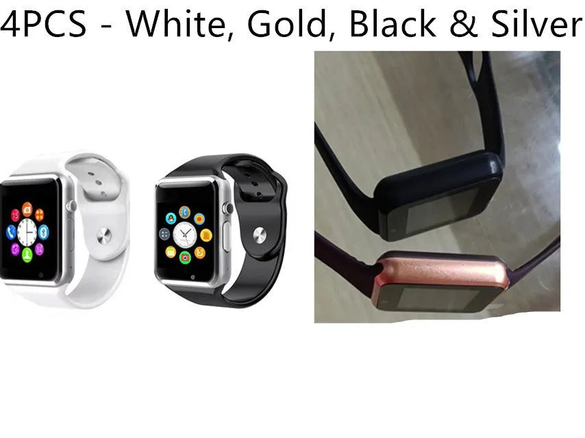 A1 Smart Watch in multiple colours on wrist, showing 1.54-inch touchscreen and side view highlighting camera.