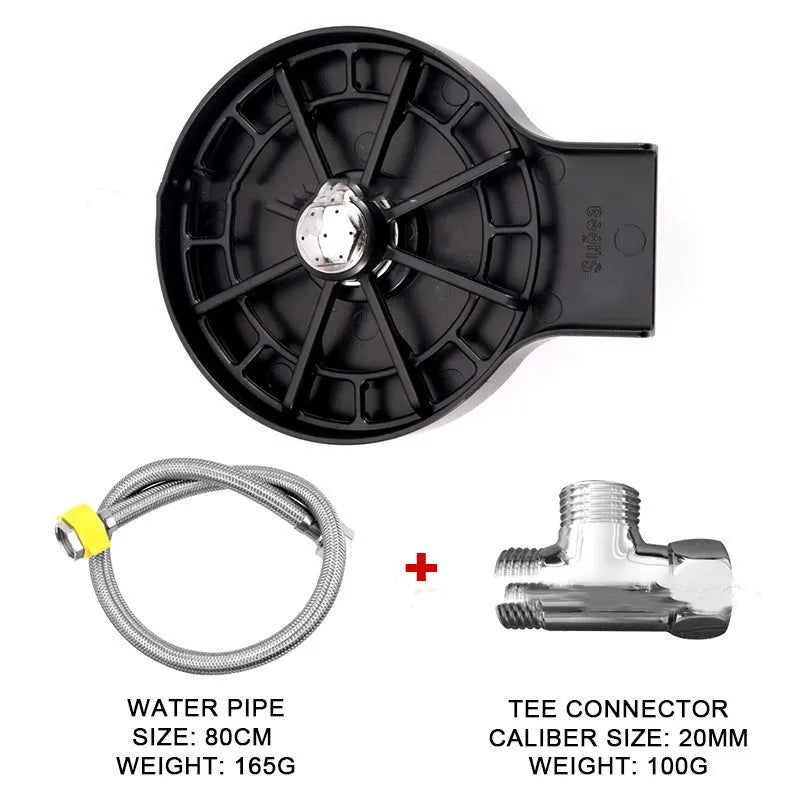 Black household bar cup washer 3-piece set with tee joint and braided hose on a kitchen counter