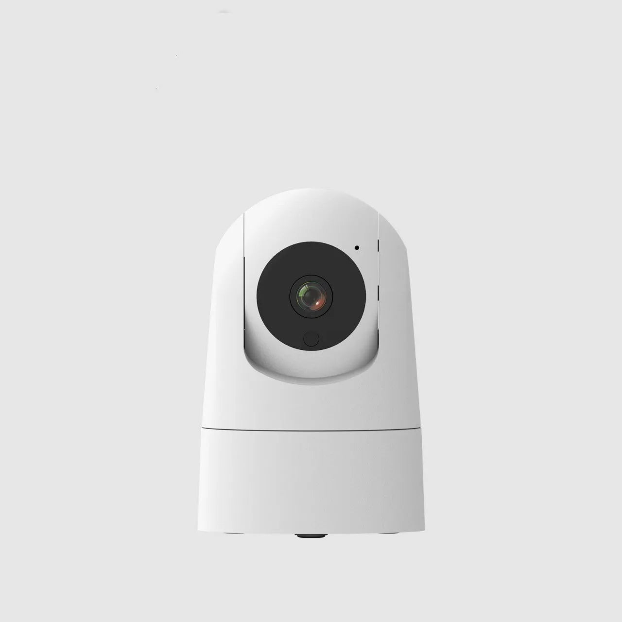 White indoor pan tilt security camera with lens on a circular base, showing 1080p and two-way voice labels.