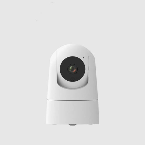 White indoor pan tilt security camera with lens on a circular base, showing 1080p and two-way voice labels.
