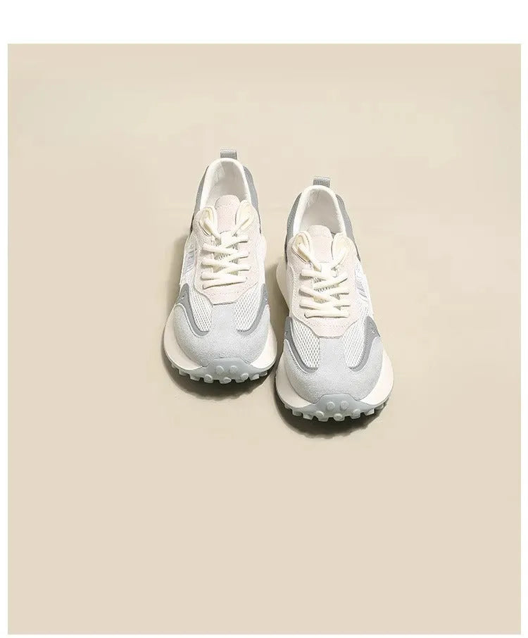 Women's grey and pink retro low-top sneaker with round toe and rubber sole