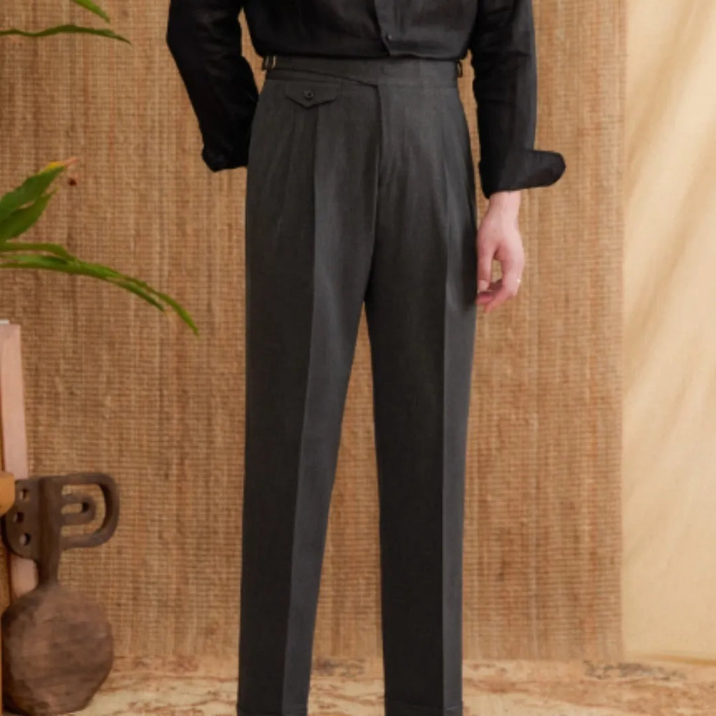 Men's slim fit straight leg business trousers in dark grey, made from wrinkle-resistant polyester fabric.
