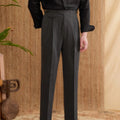 Men's slim fit straight leg business trousers in dark grey, made from wrinkle-resistant polyester fabric.