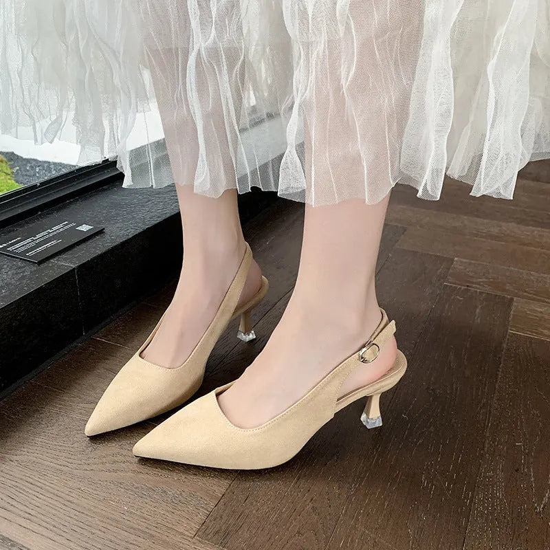 Women's stiletto heels with pointed toe in pink, blue, yellow, and apricot colours