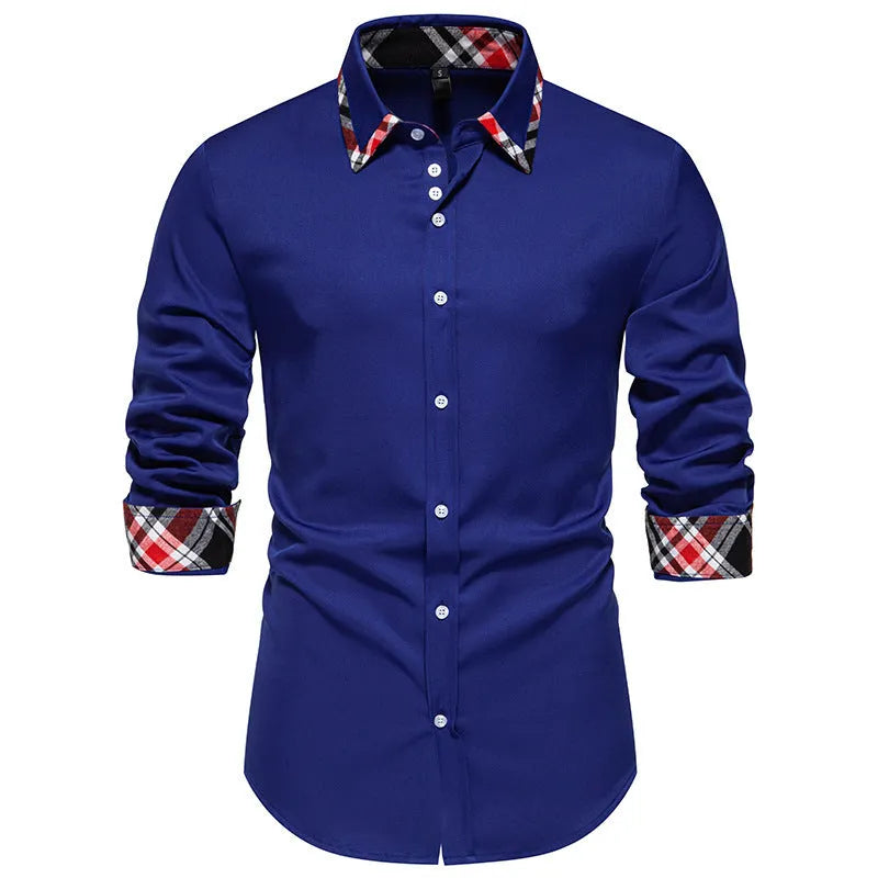 Men's plaid triangle collar long sleeve shirt in polyester blend available in multiple colours