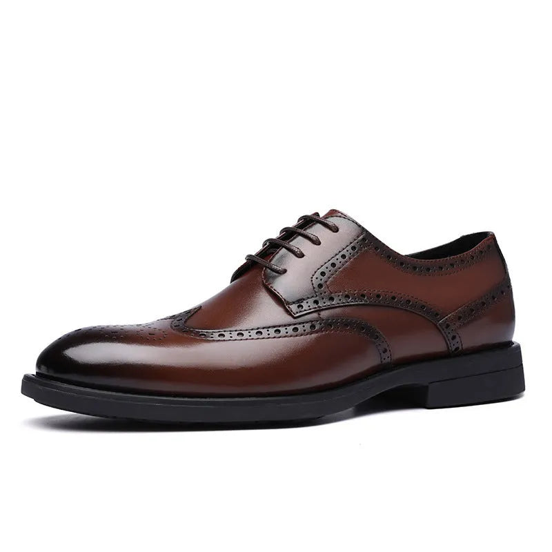 Men's black and brown brogue business shoes with classic perforated toe cap detailing