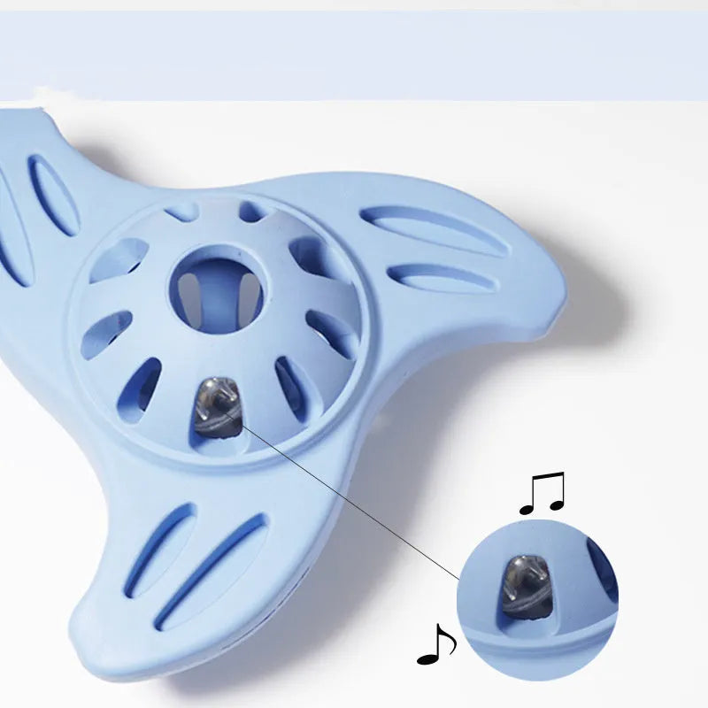 Blue or purple bite-resistant boomerang dog chew toy with molar edge texture for puppy teeth relief