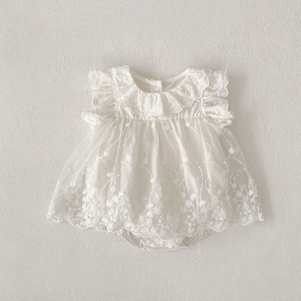 Cotton flounced sleeve triangle mesh lace jumpsuit for girls in beige