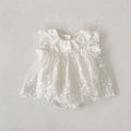 Cotton flounced sleeve triangle mesh lace jumpsuit for girls in beige