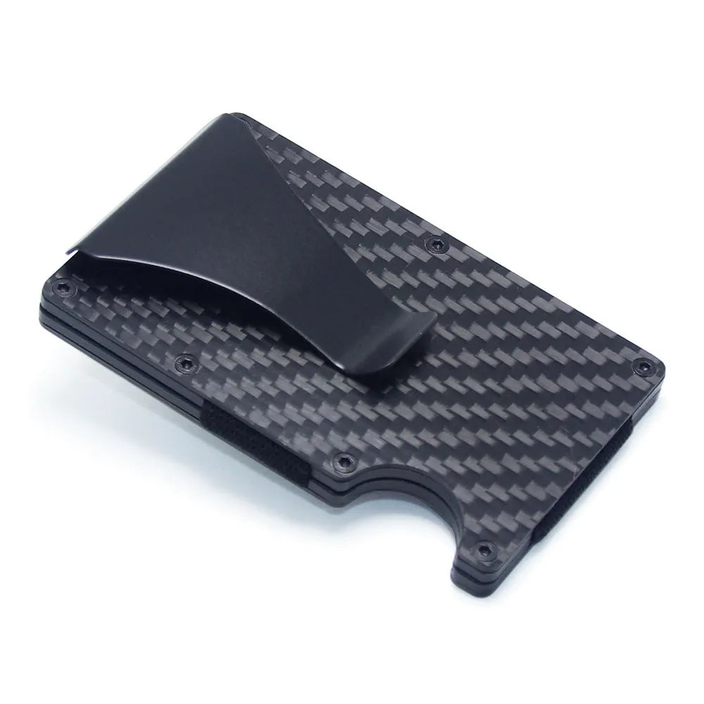 Carbon fibre and aluminium card holder wallet in multiple colours, showing 8 mm thickness.