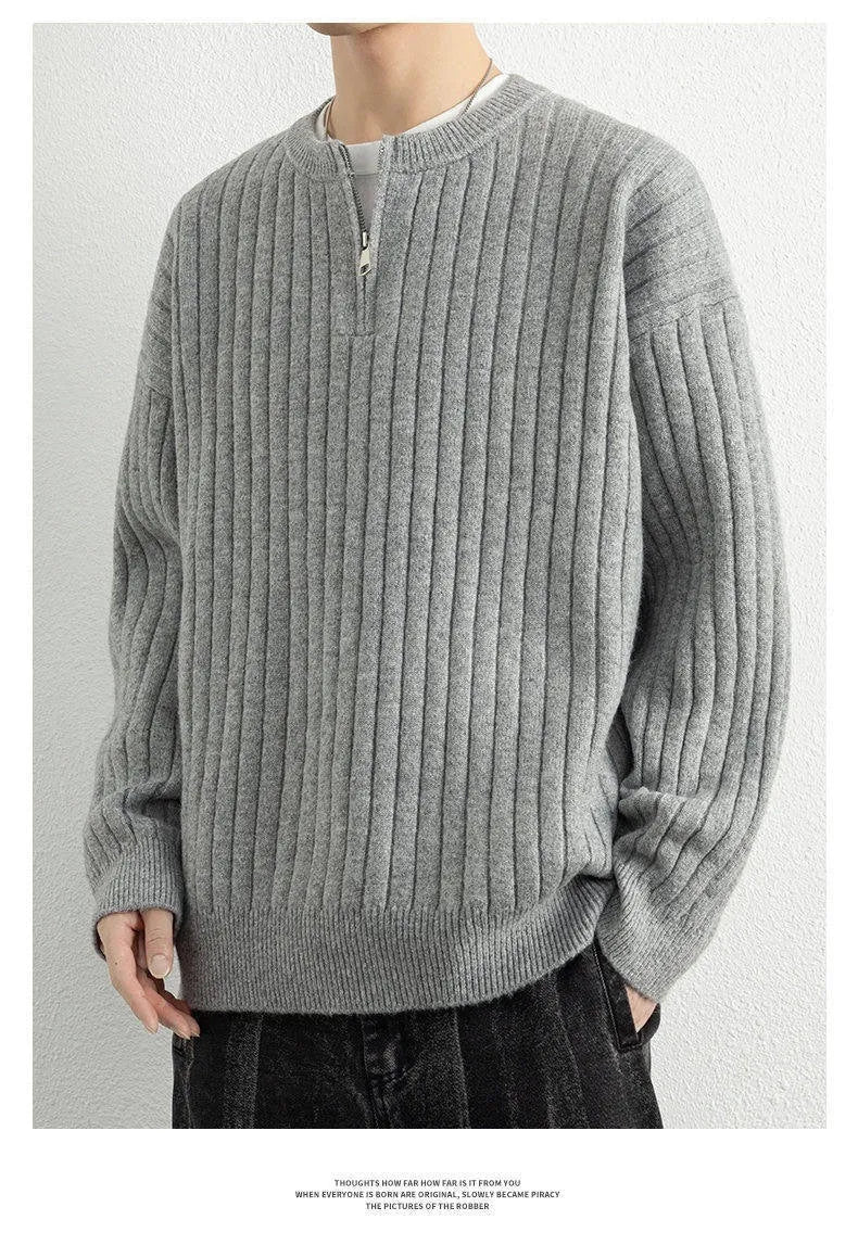 Men's grey half zip sweater with textured knit and loose fit design