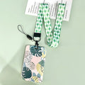 Green plant series simple fashion lanyard card cover with Monstera deliciosa diamond grid design, plastic 110mm x 70mm on a white background