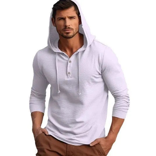 Men's dark blue cotton pullover hoodie with a hood and long sleeves on a hanger.