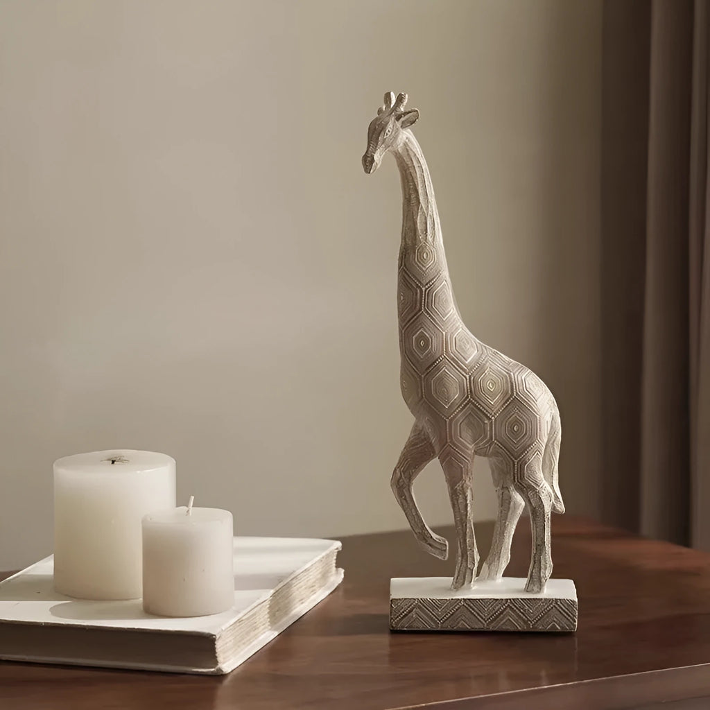 Wood colour giraffe resin ornament on a shelf, showing European style sculptural details.