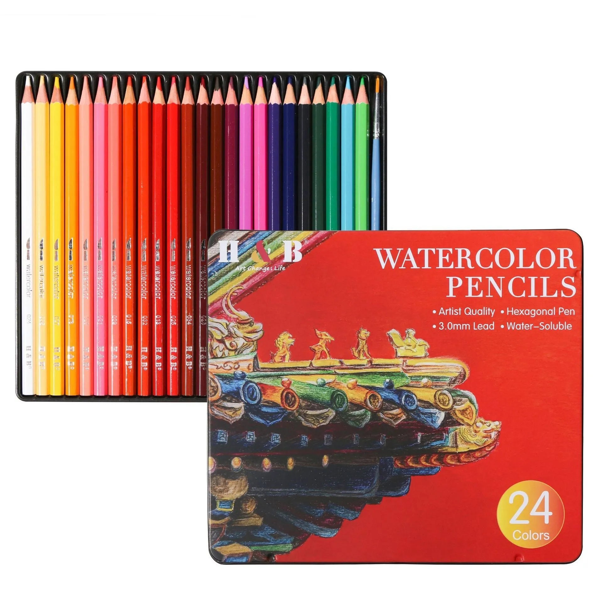 Water-soluble coloured pencils set of 24 colours in iron box with brush for drawing and painting