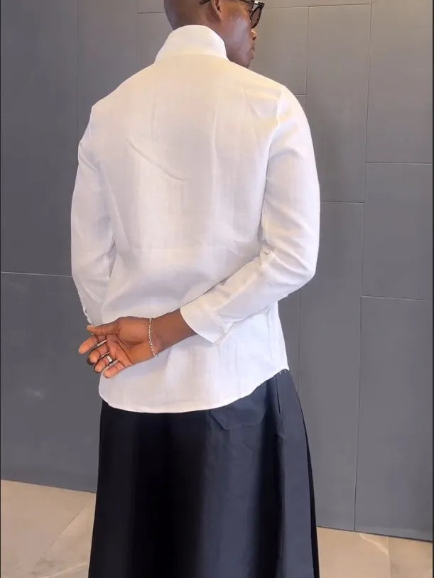 White asymmetric front shirt with black pleated pants women's co-ord set