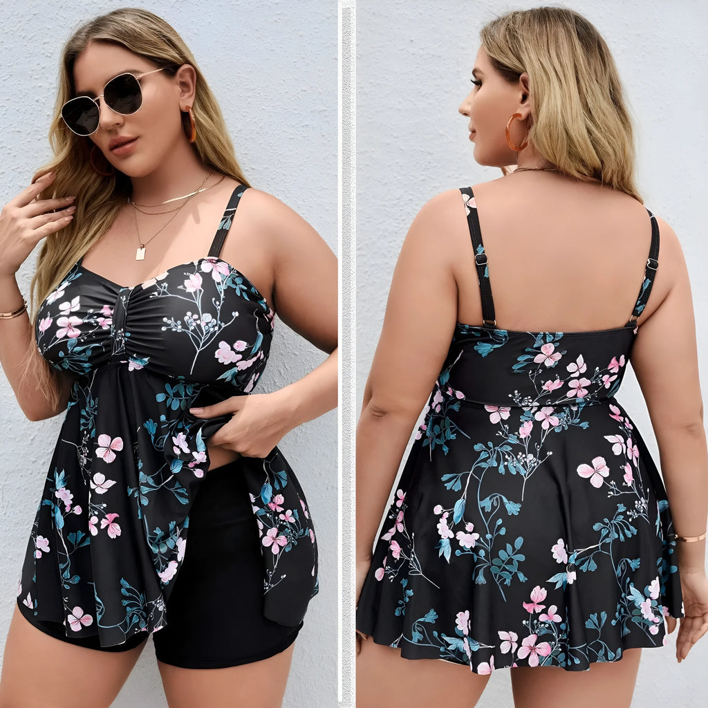 Women's plus size floral print one-piece swimsuit in split colour design.