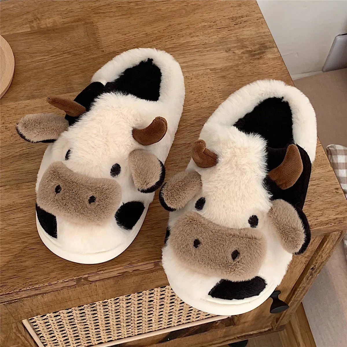 White cartoon cow plush slippers with anti-slip PVC soles for women