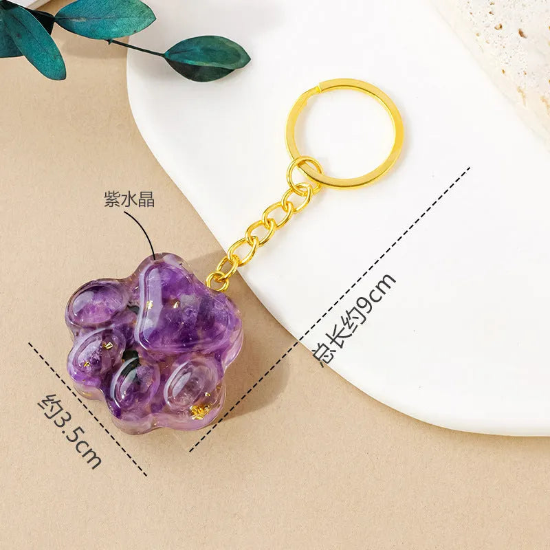 Natural crystal cat's paw keychain with small pendant and gemstone beads