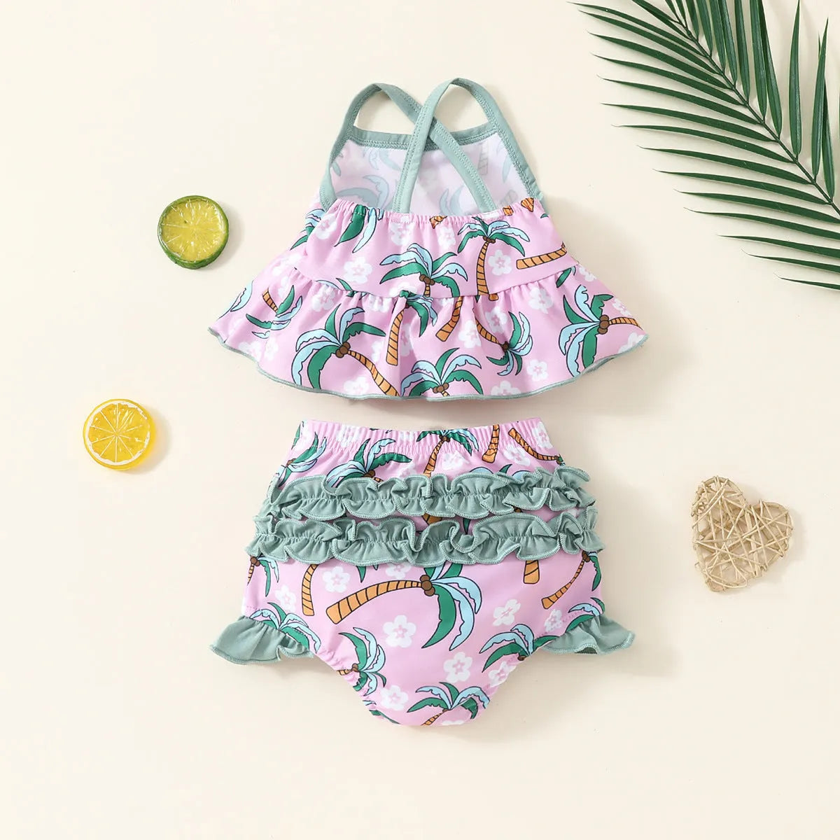 Girls' white sweet style swimsuit top and shorts two-piece set