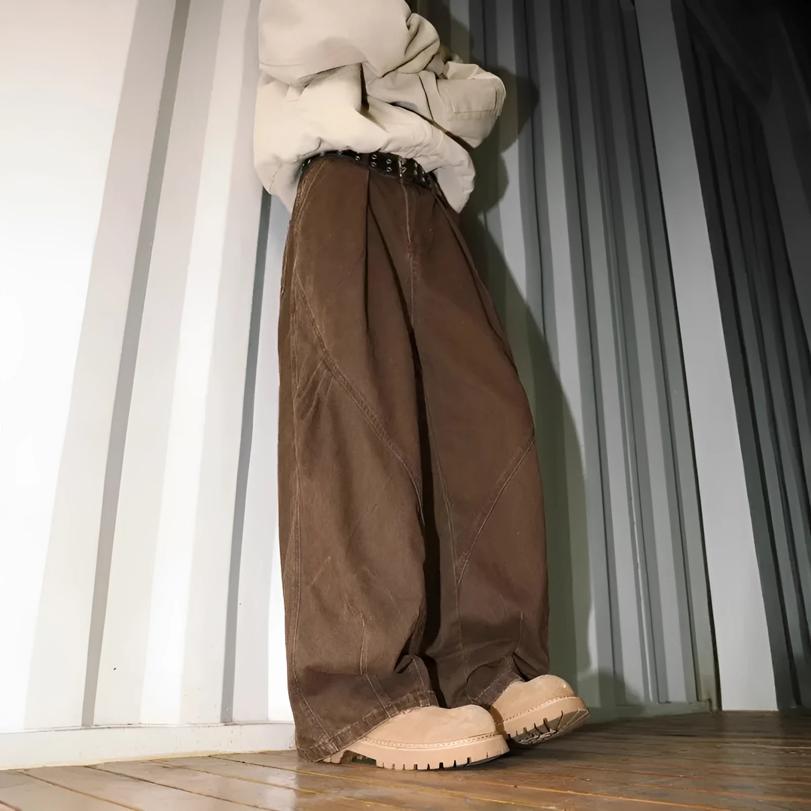 Men's pleated straight leg trousers in apricot colour with stripe pattern and loose fit design