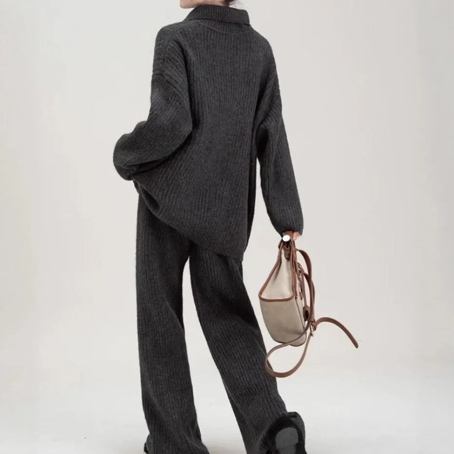 Sweater suit two-piece set featuring knit top and casual trousers in imitation cashmere fabric