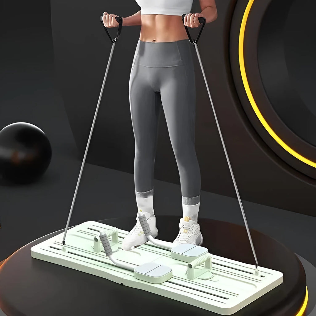 Purple foldable plastic belly panel fitness board on a wood floor.