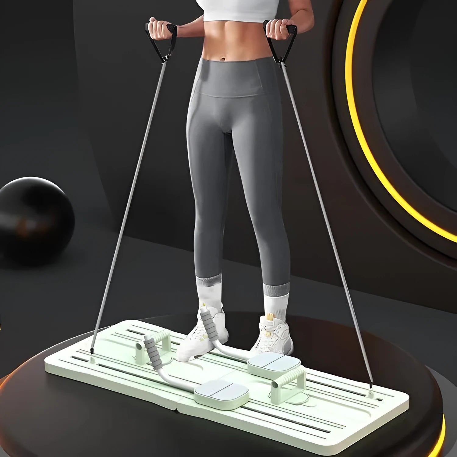 Purple foldable plastic belly panel fitness board on a wood floor.