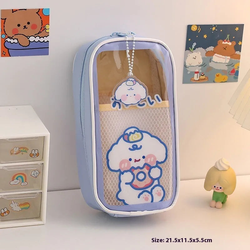 Transparent PVC pencil case with South Korea style cartoon design and large capacity for stationery