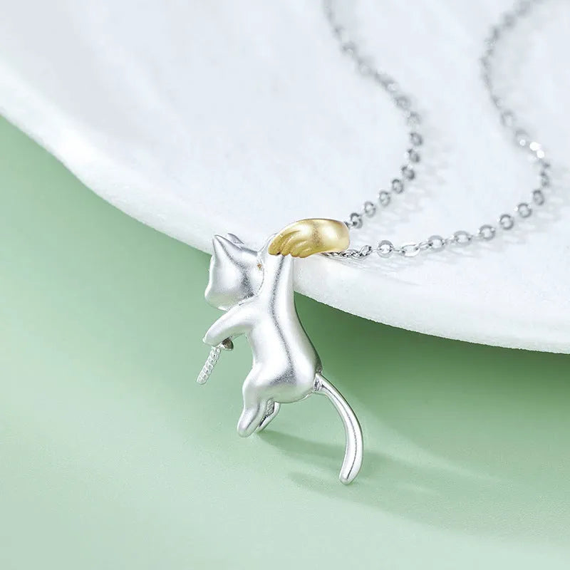 Sterling silver cat charm clavicle necklace with pearl bead options