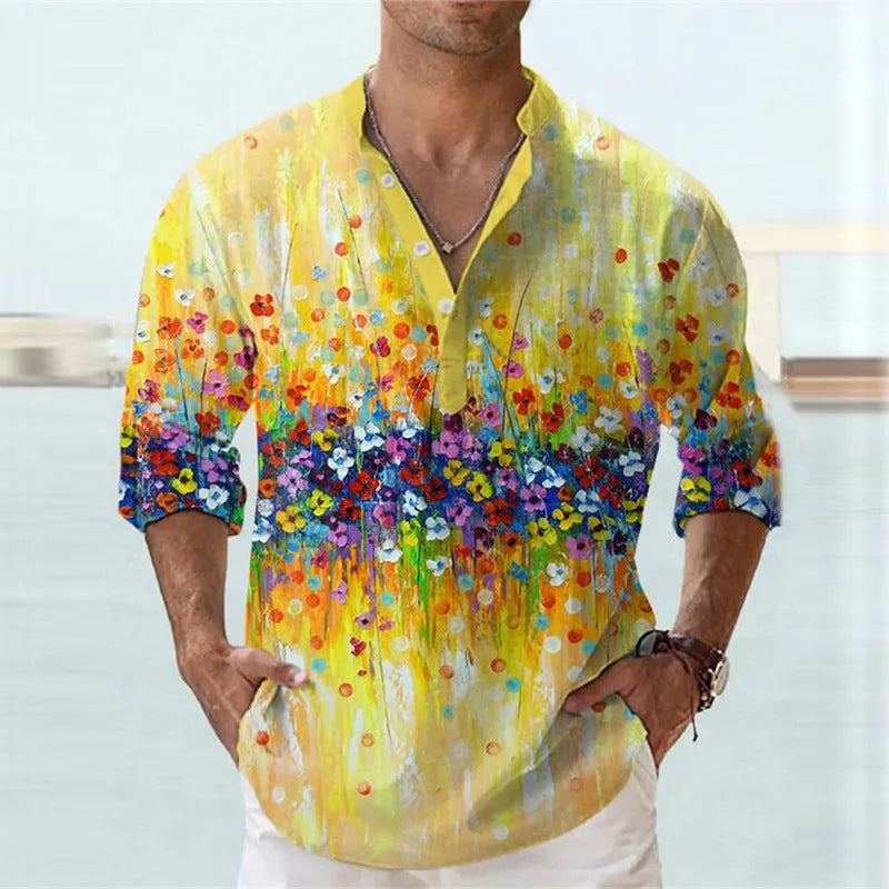 British style striped short sleeve shirt with 3D digital thermal transfer print on bamboo hemp fabric