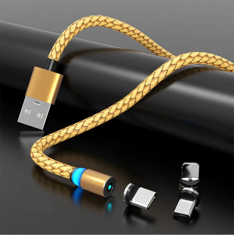 Gold magnetic phone charging cable with breathing light, showing detachable magnetic heads for Apple Lightning and TYPE-C connectors.