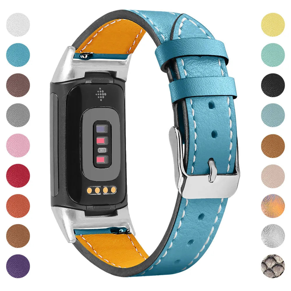 Genuine leather watch strap for Fitbit Charge 5 and Charge 6 fitness trackers on a wrist.