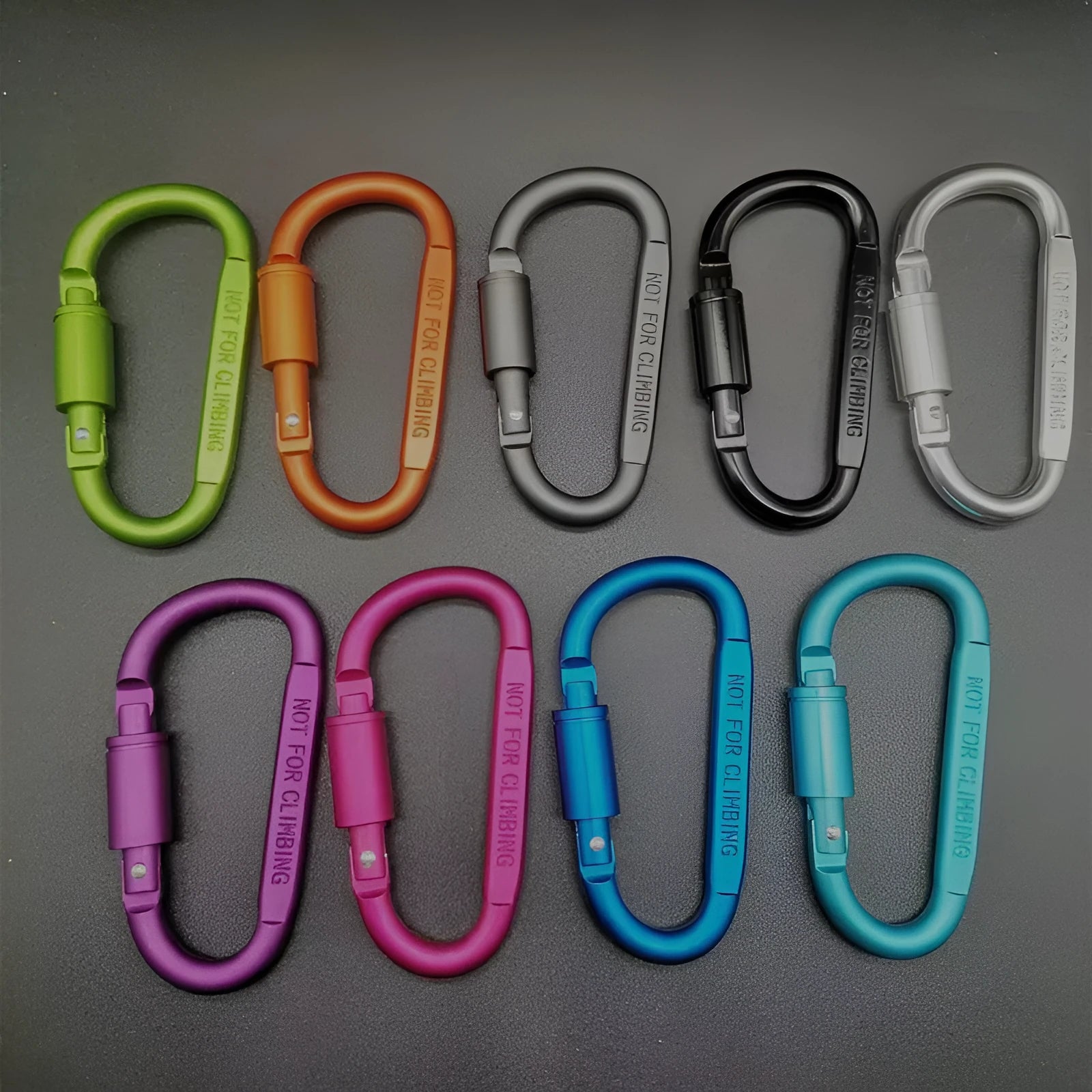 D-type aluminium carabiner with locking mechanism in multiple colour options