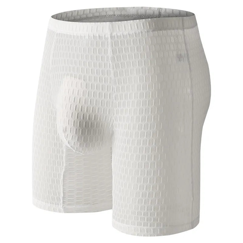 Men's solid colour lace boxers with a lengthened hip-lifting shaping design on a size chart.