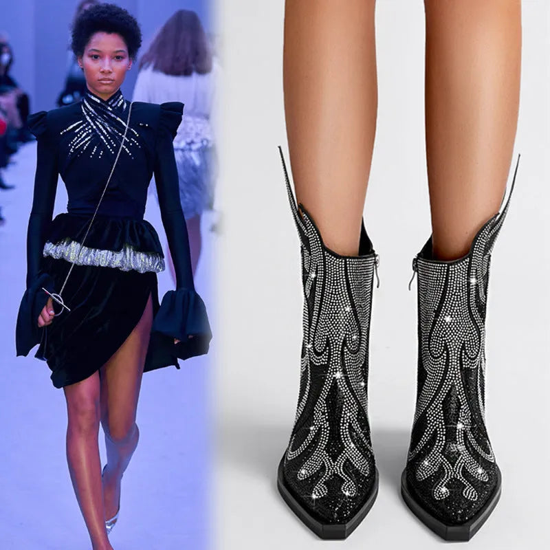 Women's square toe chunky heel rhinestone flame Martin boots in black with side zipper and rubber sole