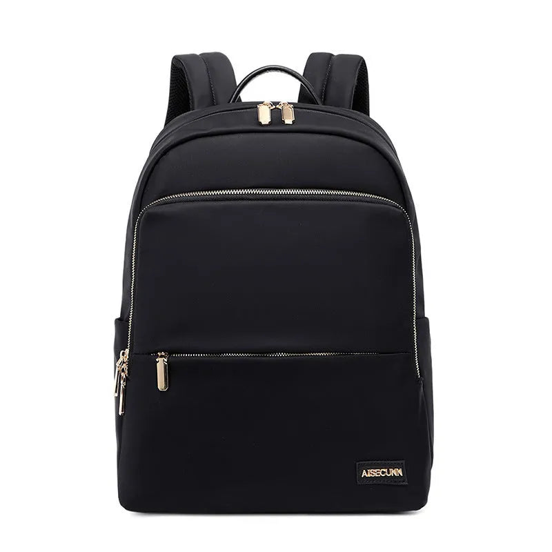 Large black Oxford cloth women's backpack with organisational compartments and a breathable back panel.