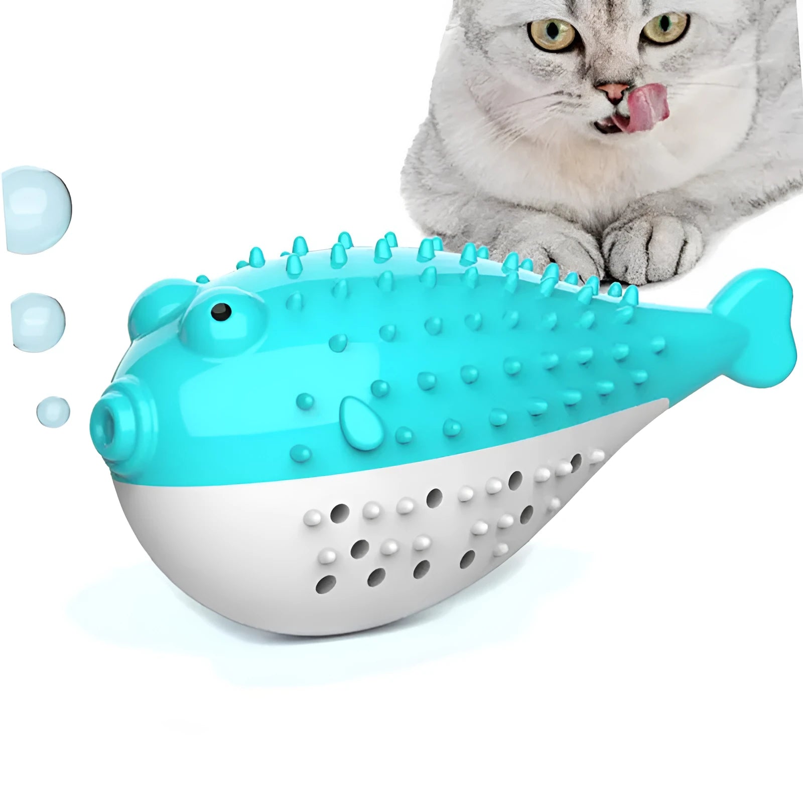 Blue silicone fish-shaped cat chew toy measuring 12.2 cm with catnip attractant