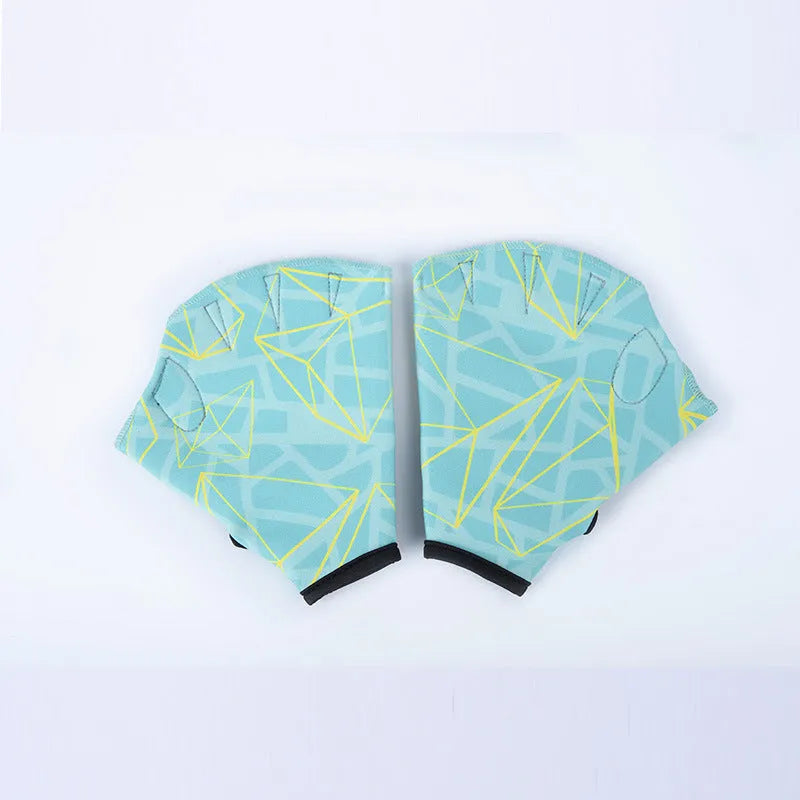 Outdoor swimming gloves with green duck feet webbing between fingers for water sports.