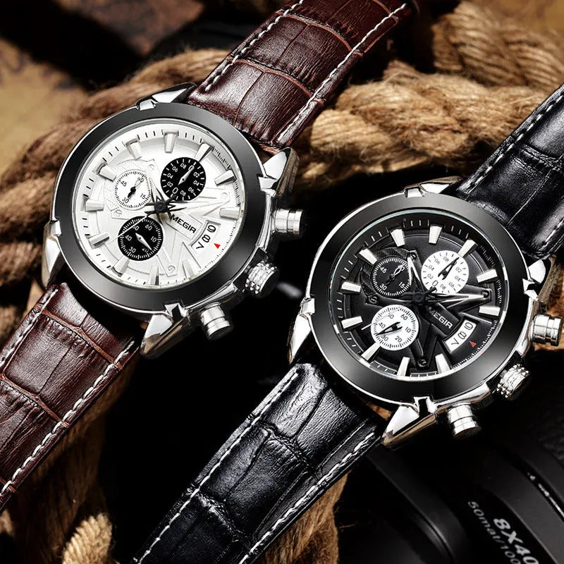 Men's multifunctional wristwatch with three subdials, six hands, waterproof construction, and luminous markers